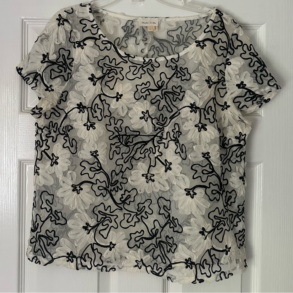 Anthropologie Floral Embroidered Sheer Top - Black and White